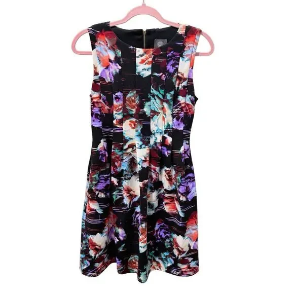 Vince Camuto Black Multi Sleeveless Printed Pleated A-Line Dress Lined 16 - Picture 3 of 12